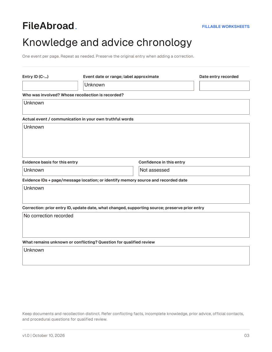 Blank factual chronology worksheet from the kit