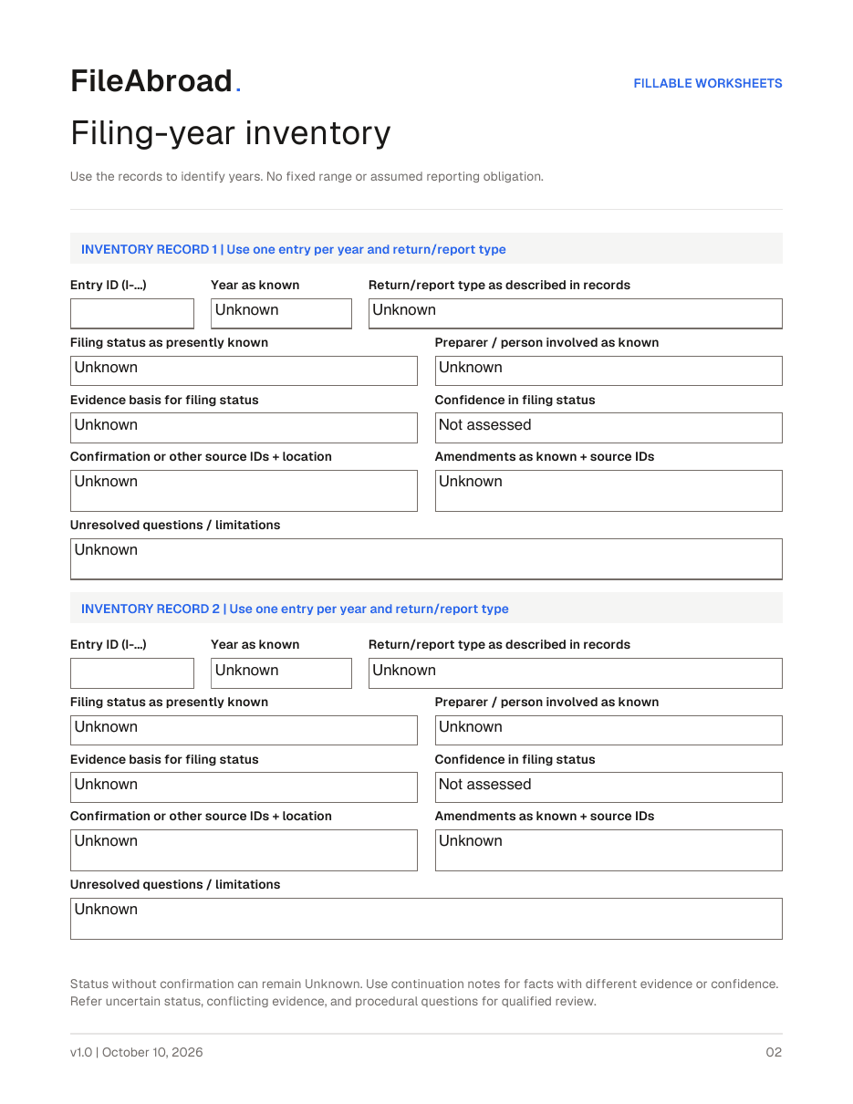 Blank filing-year inventory worksheet from the kit